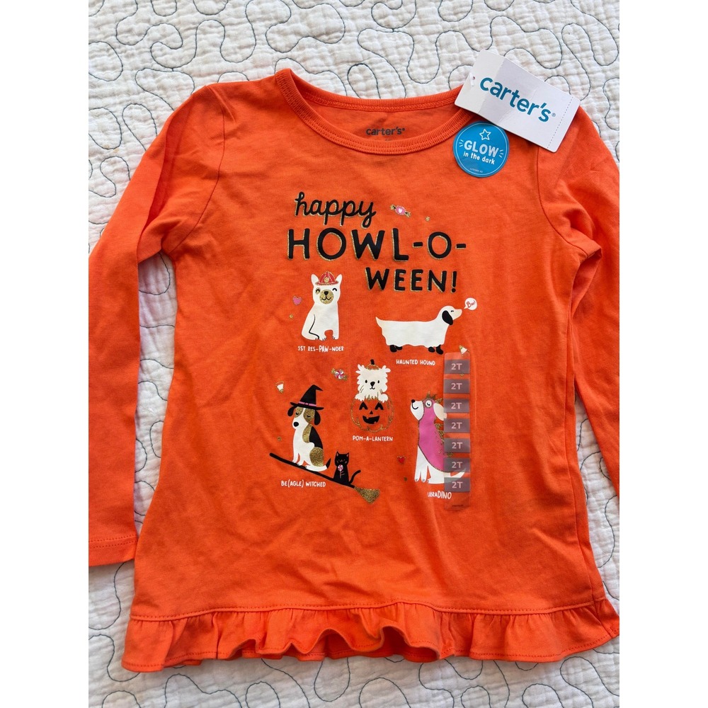 Carters Toddler Girls 2T Halloween Dog Glow in the Dark Long Sleeve Ruffle Shirt
